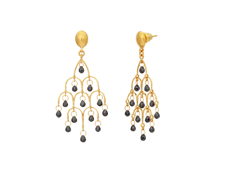 GURHAN Dew 24K Gold Black Diamond Chandelier Drop Earrings, Oval Post Top