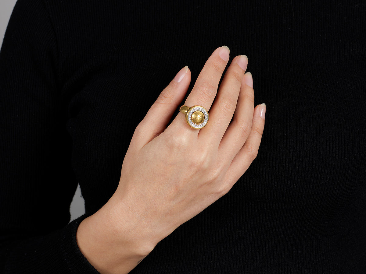 GURHAN, GURHAN Amulet Gold Round Cocktail Ring, Domed Center, with Diamond Pave