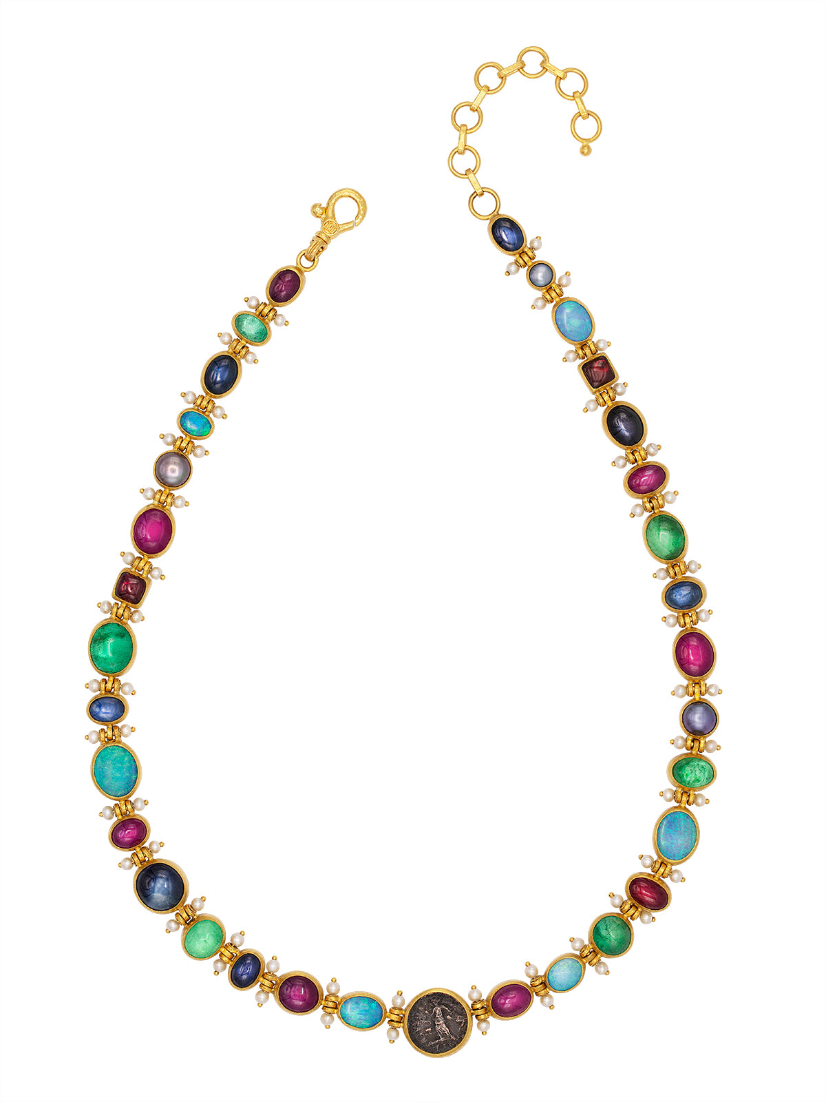 GURHAN, GURHAN Antiquities Gold All Around Short Necklace, Pearl Accent Hinges, with Mixed Stones
