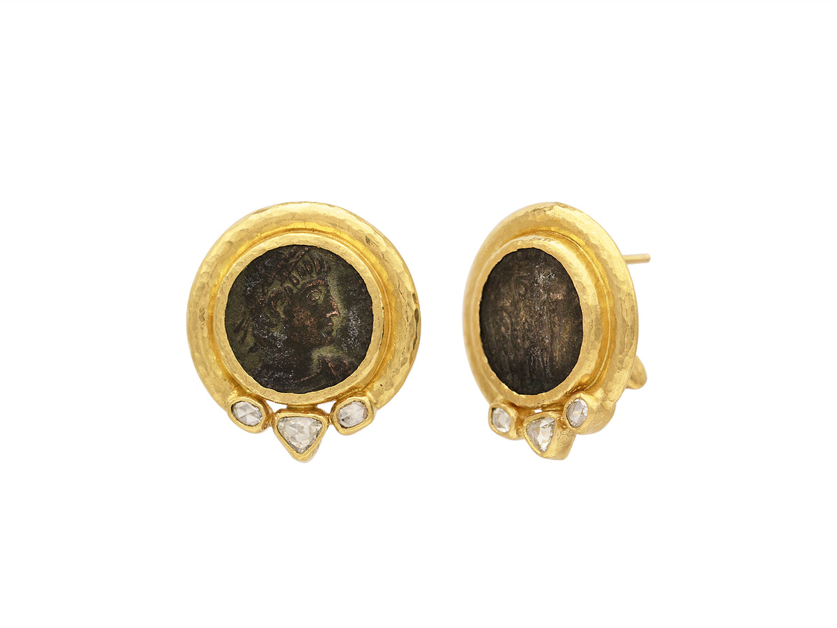 GURHAN, GURHAN Antiquities Gold Clip Post Stud Earrings, 20mm Round, Wide Frame, with Coin and Diamond