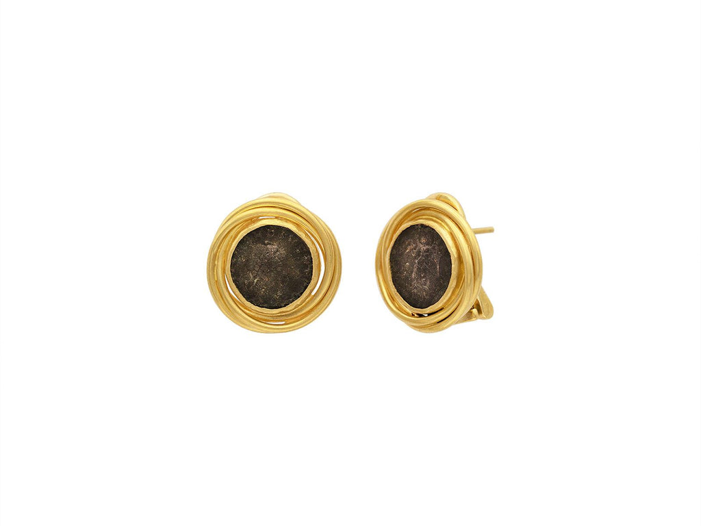 GURHAN, GURHAN Antiquities Gold Coin Stud Earrings, 12mm Round Set in Wide Frame