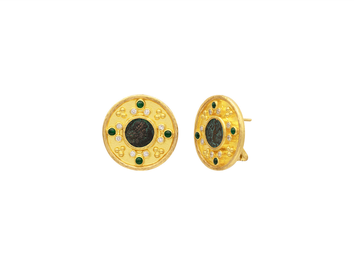 GURHAN, GURHAN Antiquities Gold Clip Post Stud Earrings, 10mm Round set in Wide Frame, with Coin, Emerald and Diamond