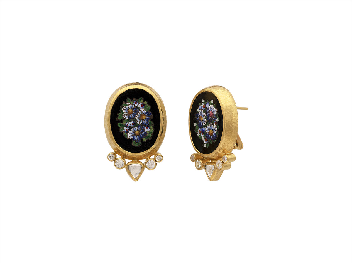 GURHAN, GURHAN Antiquities Gold Clip Post Stud Earrings, 21x16mm Oval Floral Motif, Micro Mosaic and Diamond
