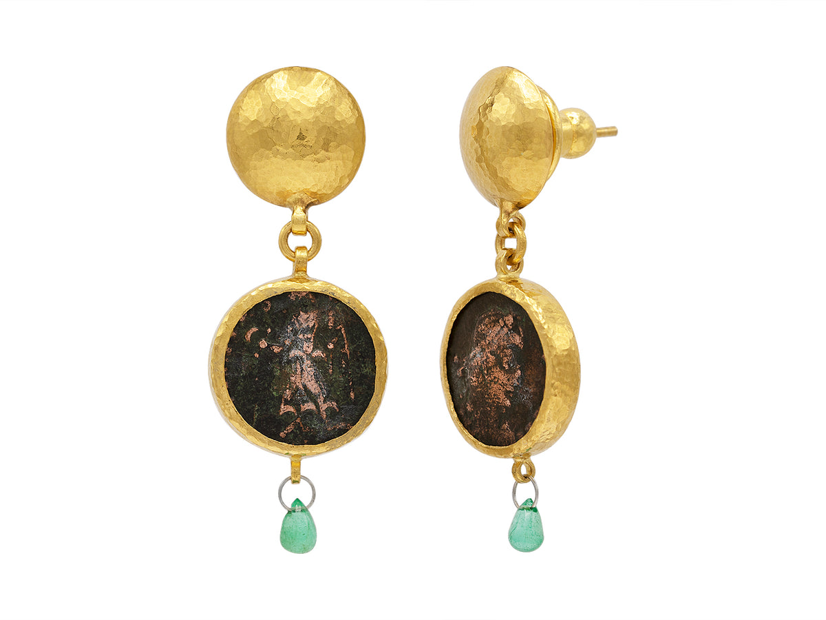 GURHAN, GURHAN Antiquities Gold Double Drop Earrings, 14mm Round, Round Post Top, with Coin and Emerald Briolette