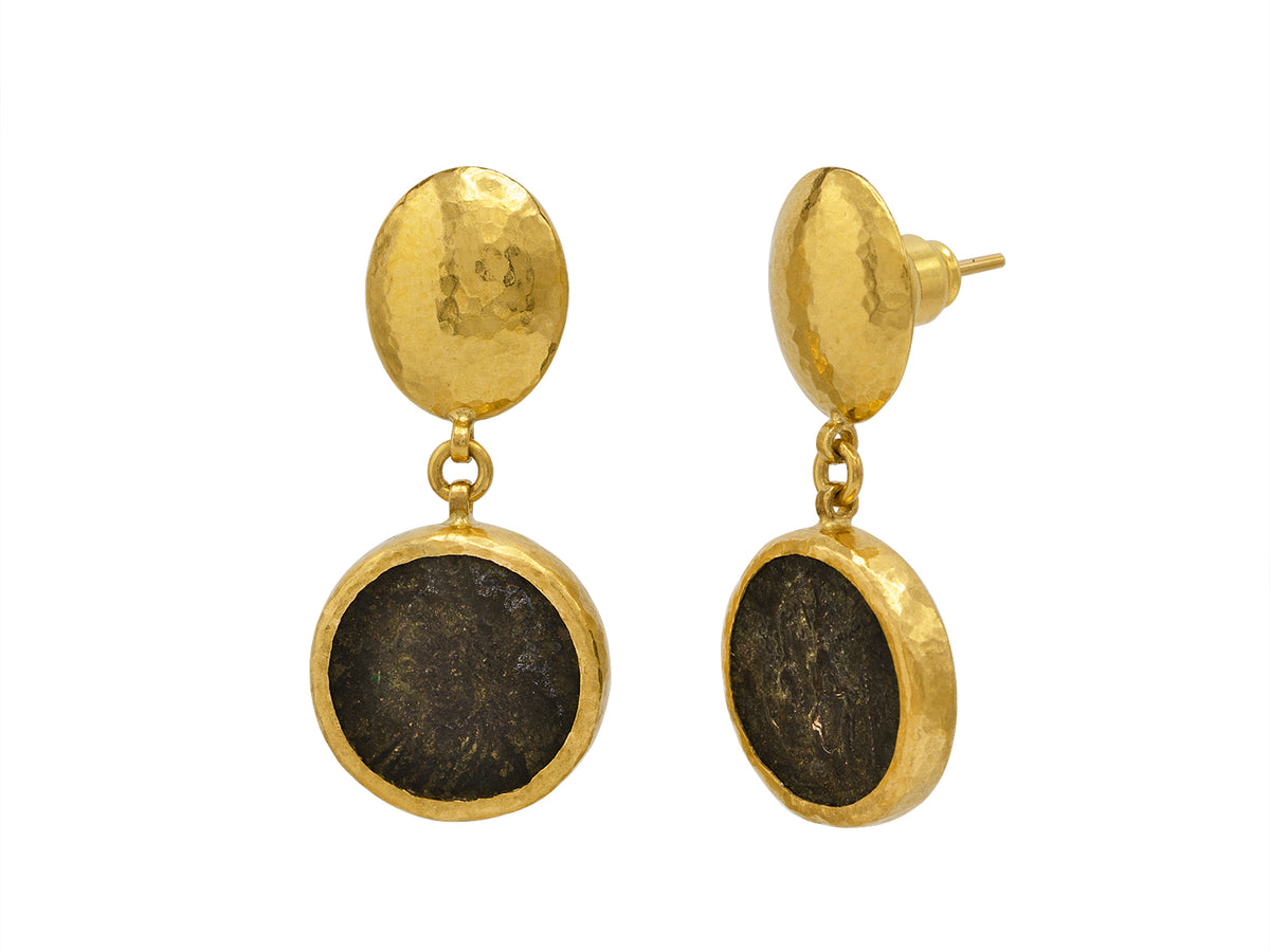 GURHAN, GURHAN Antiquities Gold Single Drop Earrings, Large Oval Top with Post, with Coin