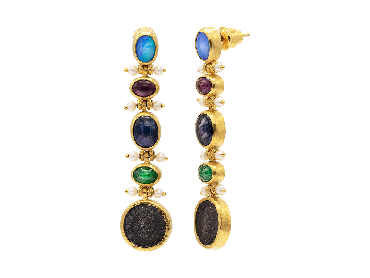 GURHAN, GURHAN Antiquities Gold Long Drop Earrings, Pearl Accent Hinges, with Mixed Stones