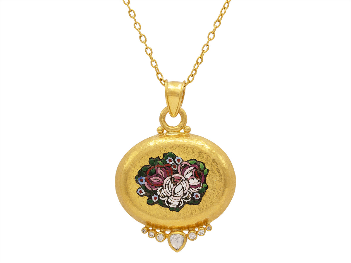 GURHAN, GURHAN Antiquities Gold Oval Pendant Necklace, Floral Design, with Micro Mosaic and Diamond