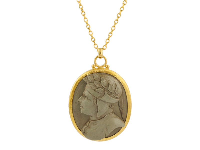GURHAN, GURHAN Antiquities Gold Oval Pendant Necklace, 34x29mm Carved, with Lava Cameo