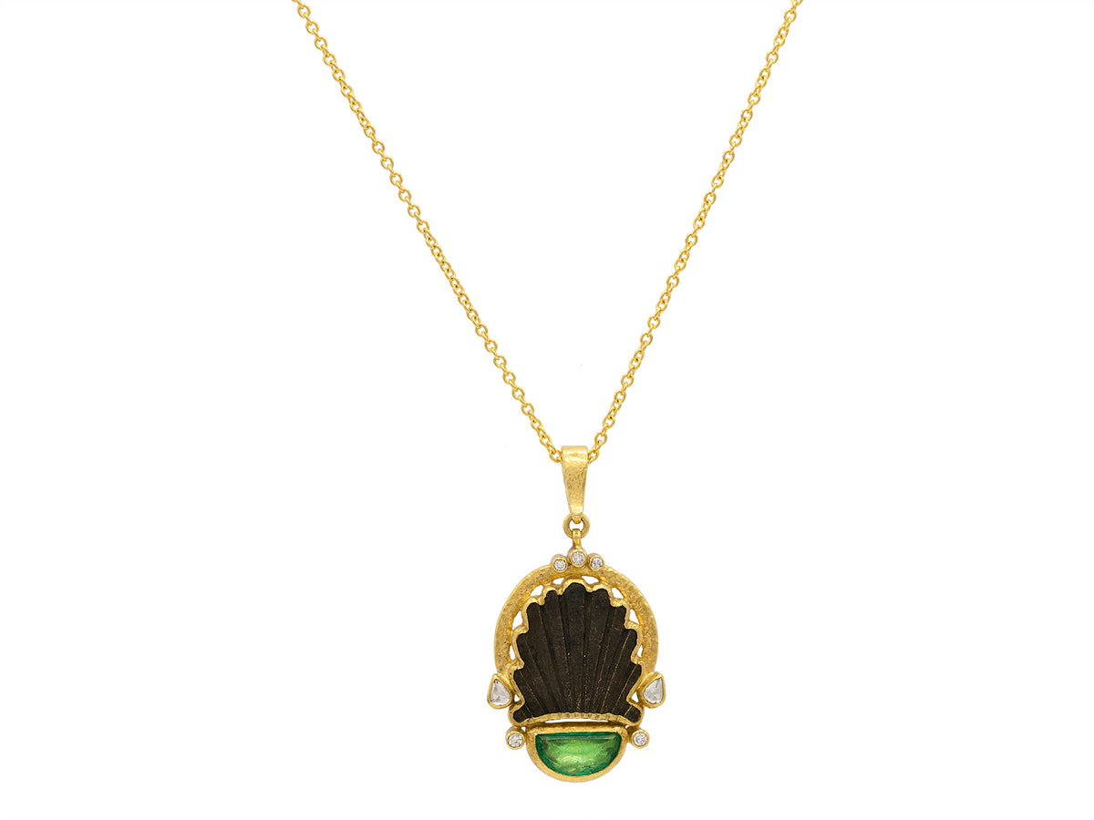 GURHAN, GURHAN Antiquities Gold Pendant Necklace, Shell Shape, Emerald and Diamond Accent, with Bronze Antiquity