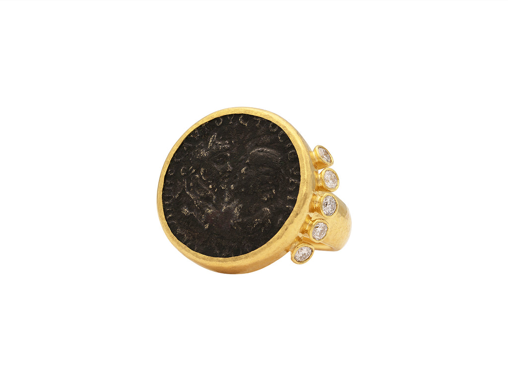 GURHAN, GURHAN Antiquities Gold Stone Cocktail Ring, 25mm Round, with Coin and Diamond