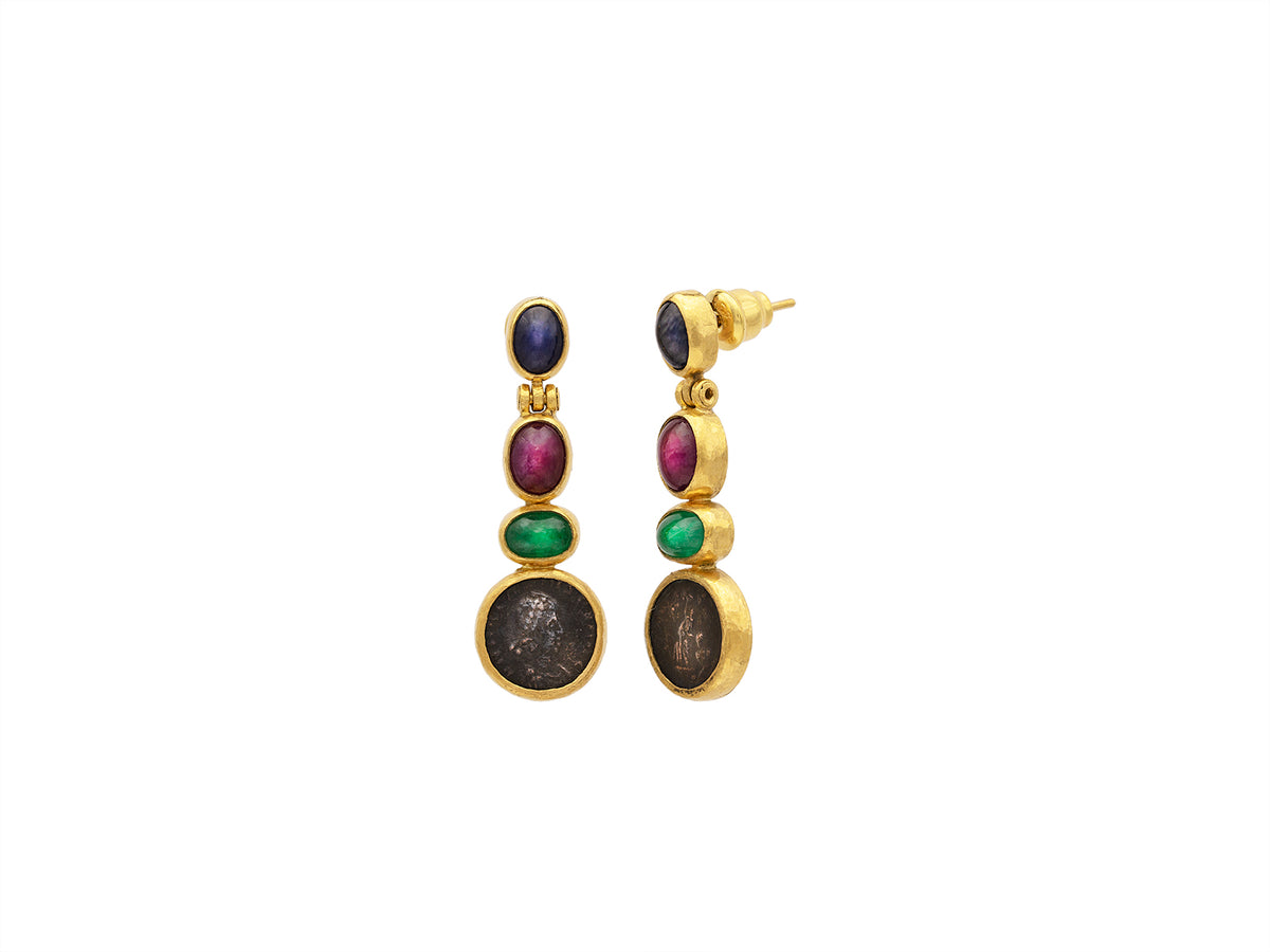 GURHAN, GURHAN Antiquities Gold Triple Drop Earrings, Graduated Mixed Shapes, with Coin and Mixed Stones