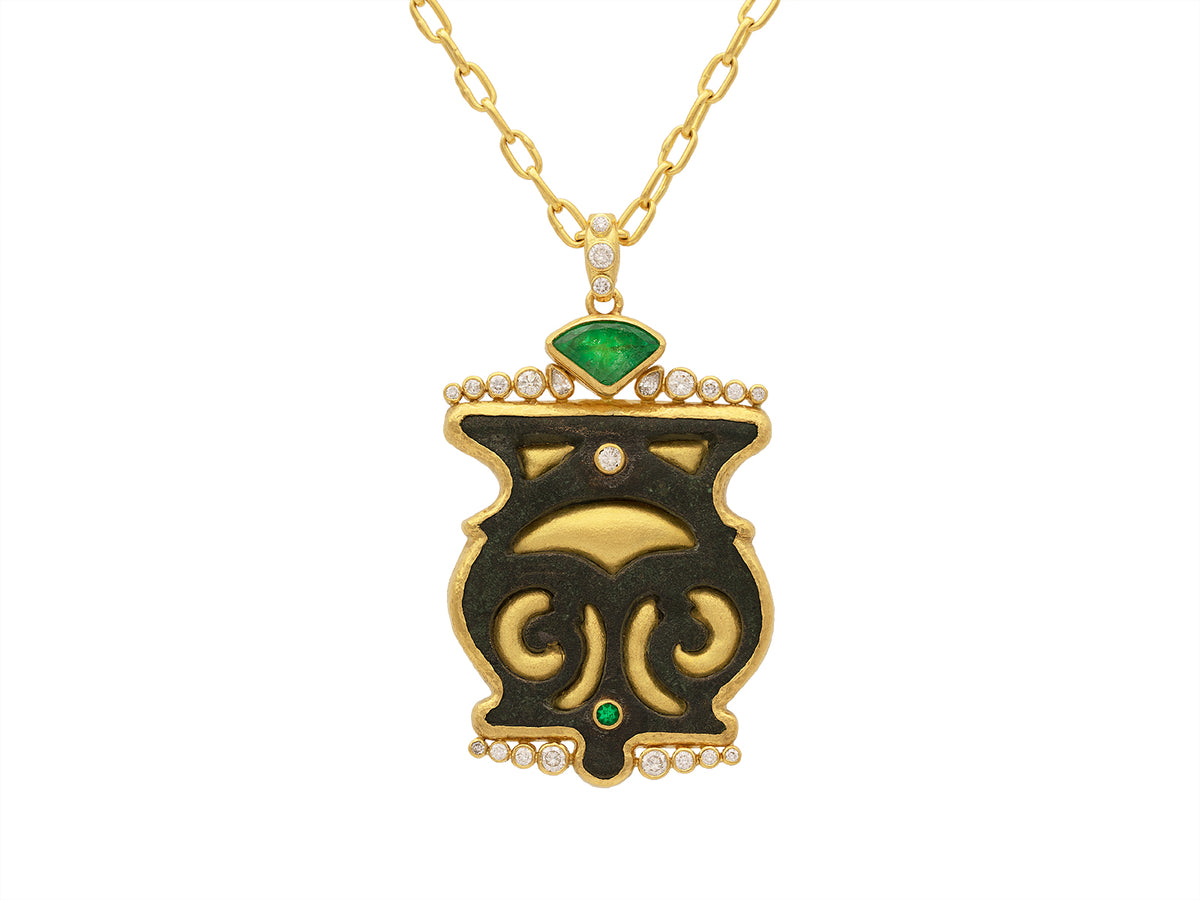 GURHAN, GURHAN Antiquities Gold Pendant Necklace, Vase Shaped, with Bronze, Emerald and Diamond
