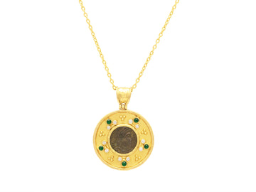 GURHAN, GURHAN Antiquities Gold Pendant Necklace, 29mm Round Medallion, with Coin, Emerald and Diamond