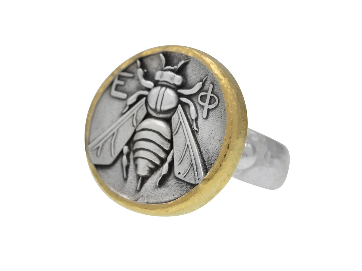 GURHAN, GURHAN Coin Sterling Silver Cocktail Ring, 22mm Bee Emblem, No Stone, Gold Accents