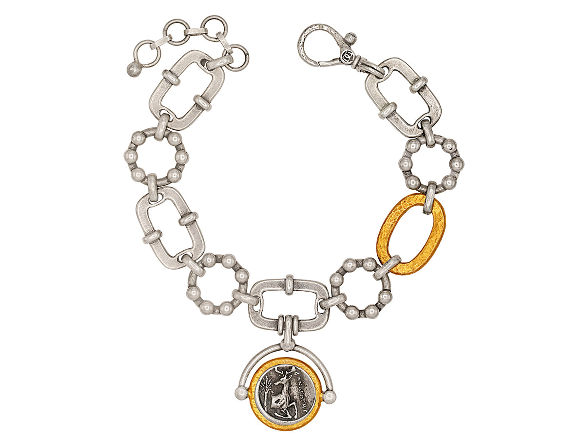 GURHAN, GURHAN Coin Sterling Silver Charm Link Bracelet, Bee & Stag Emblem, with Emerald Accents & Gold Accents