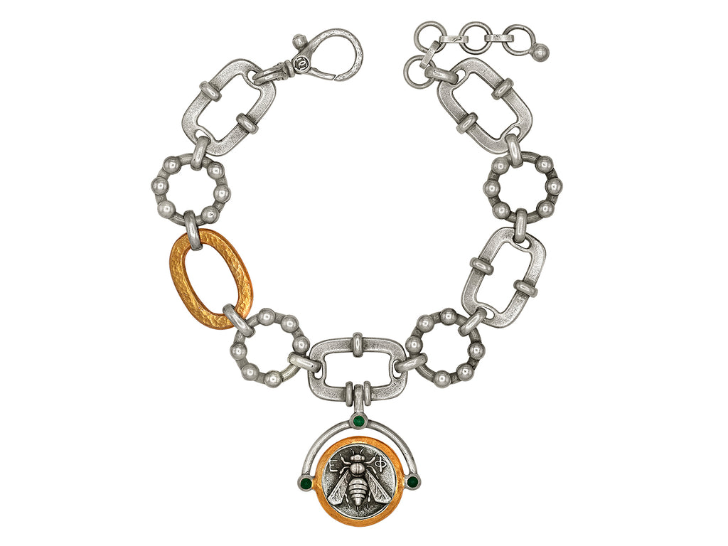 GURHAN, GURHAN Coin Sterling Silver Charm Link Bracelet, Bee & Stag Emblem, Emerald Accents, Gold Accents