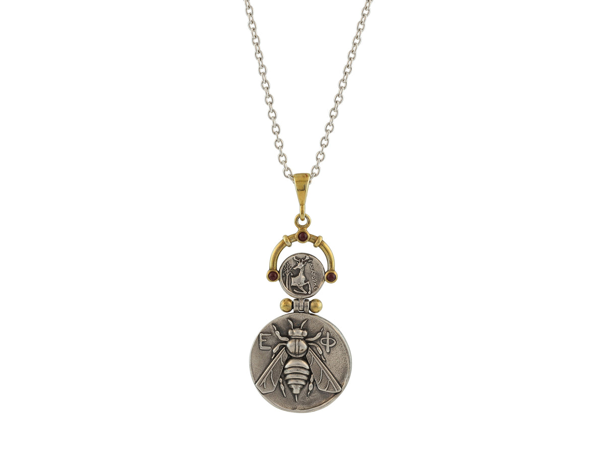 GURHAN, GURHAN Coin Sterling Silver Pendant Necklace, Bee & Stag Emblem, with Ruby Accents & Gold Accents