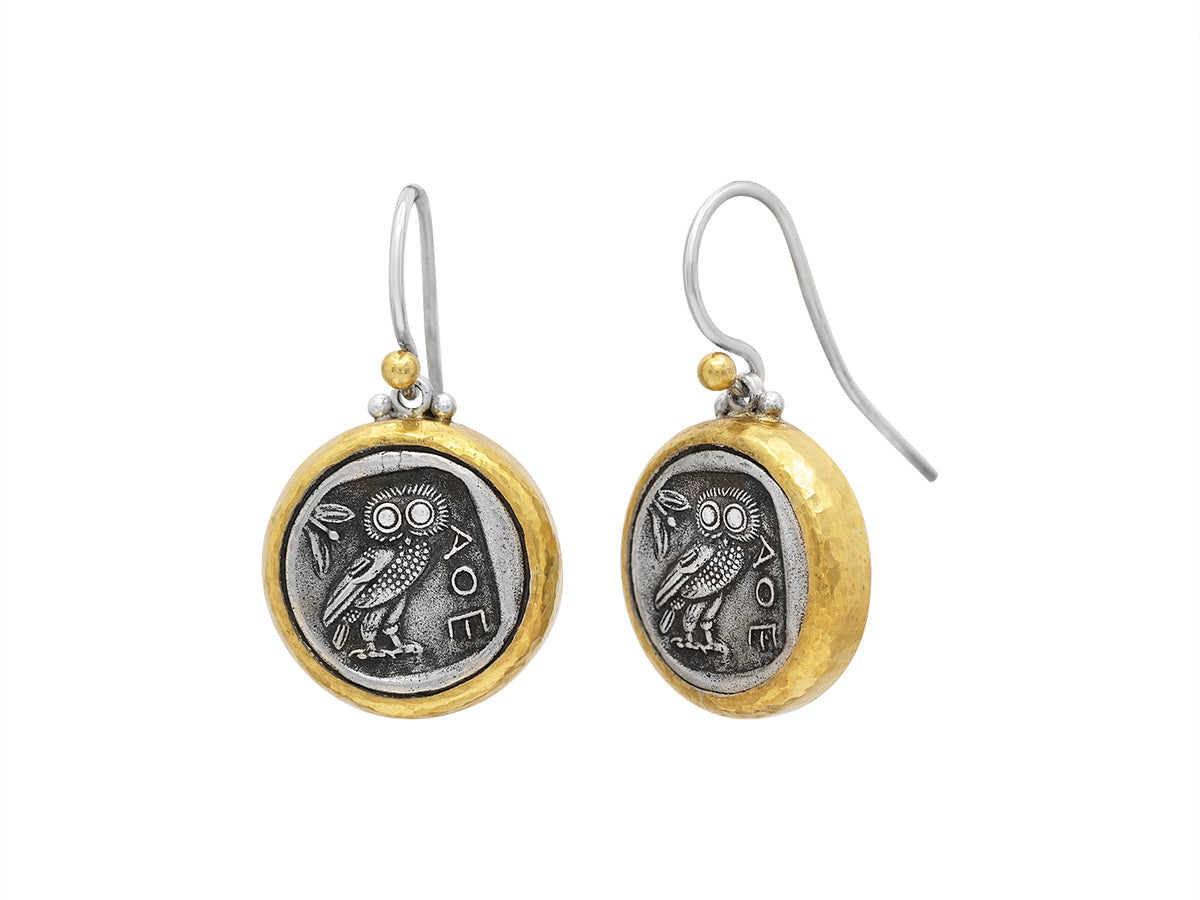GURHAN, GURHAN Coin Sterling Silver Single Drop Earrings, Owl, No Stone, Gold Accents