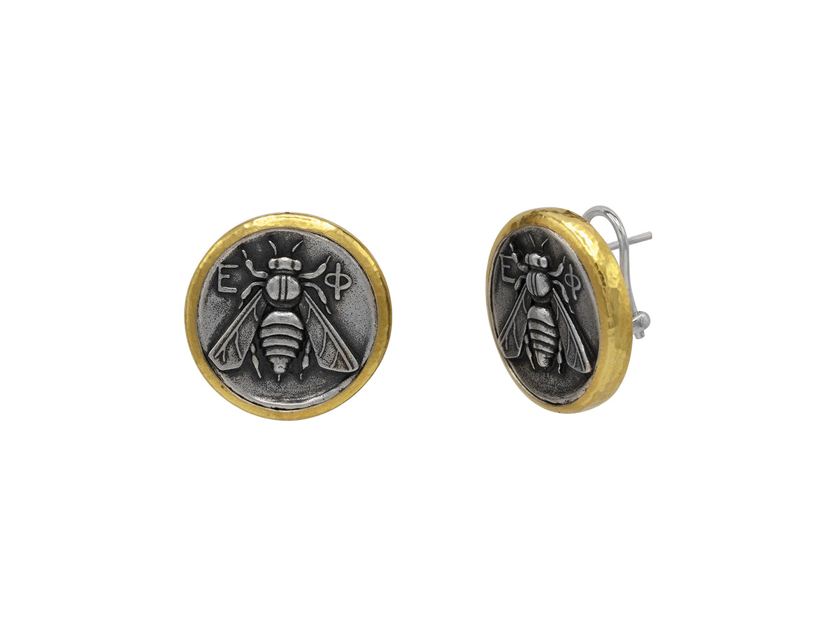 GURHAN, GURHAN Coin Sterling Silver Clip Post Stud Earrings, Bee Emblem, with No Stone & Gold Accents