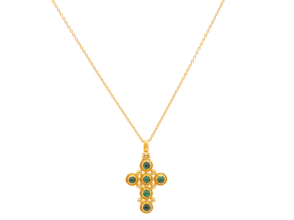 GURHAN, GURHAN Cross Gold Pendant Necklace, Gold Granulations, with Emerald