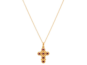 GURHAN, GURHAN Cross Gold Pendant Necklace, Gold Granulations, with Ruby