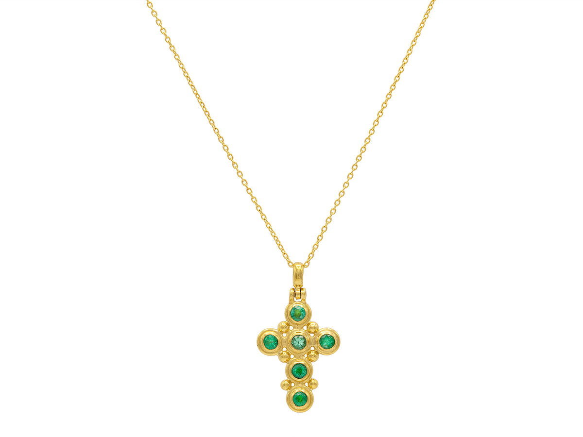GURHAN, GURHAN Cross Gold Pendant Necklace, Gold Granulations, with Emerald