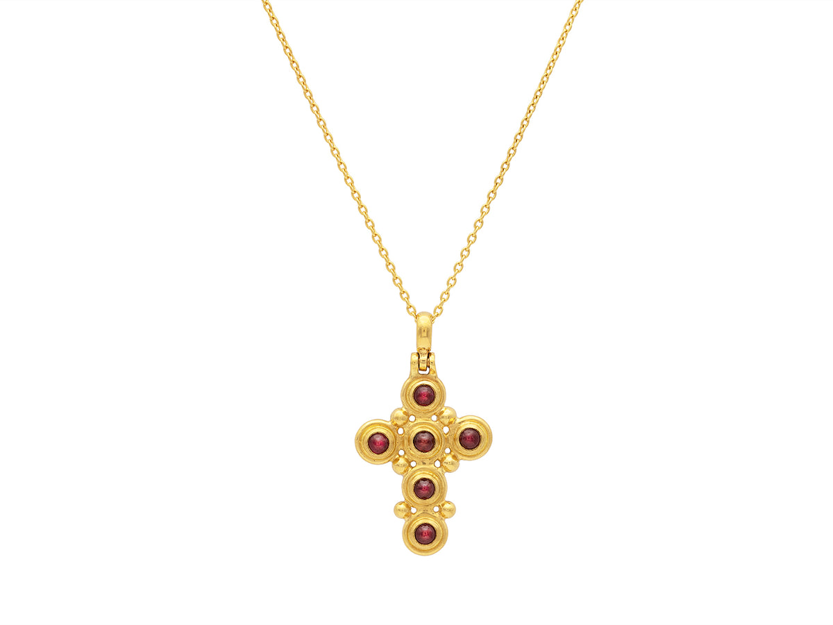 GURHAN, GURHAN Cross Gold Pendant Necklace, Gold Granulations, with Ruby