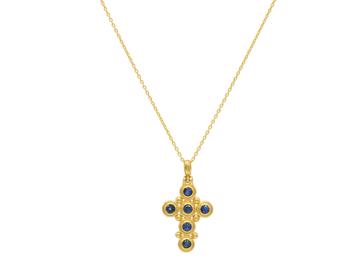 GURHAN, GURHAN Cross Gold Pendant Necklace, Gold Granulations, with Sapphire