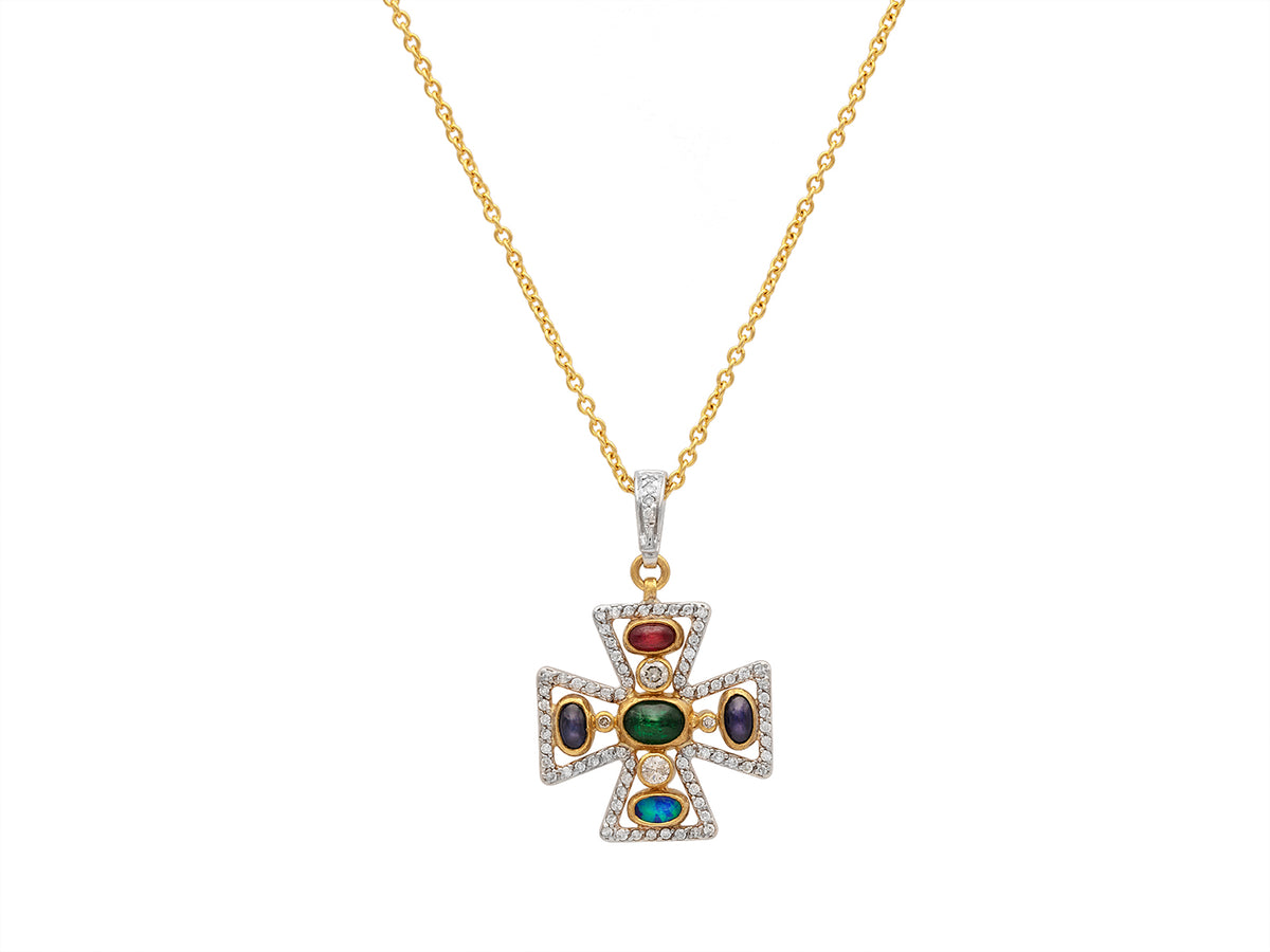 GURHAN, GURHAN Cross Gold Pendant Necklace, White Gold Pave Frame, with Mixed Stones