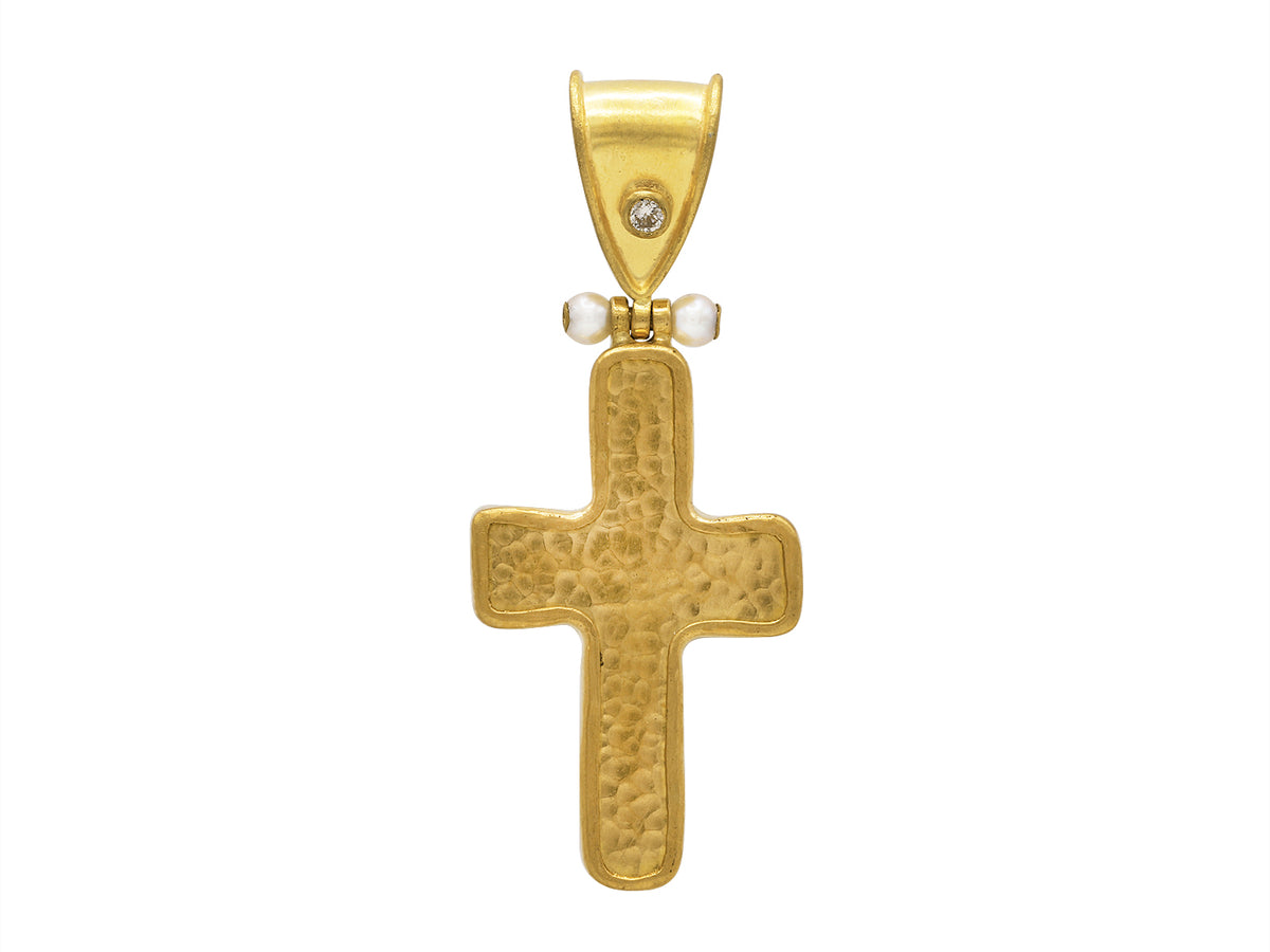 GURHAN, GURHAN Cross Gold Pendant, 43x18mm, with Pearl and Diamond