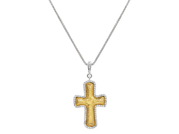GURHAN, GURHAN Cross Sterling Silver Pendant Necklace, 32x22mm, Pave Edge, with Diamond & Gold Accents