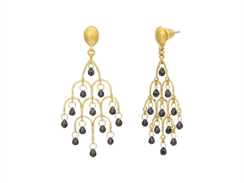 GURHAN, GURHAN Dew Gold Black Diamond Chandelier Drop Earrings, Oval Post Top