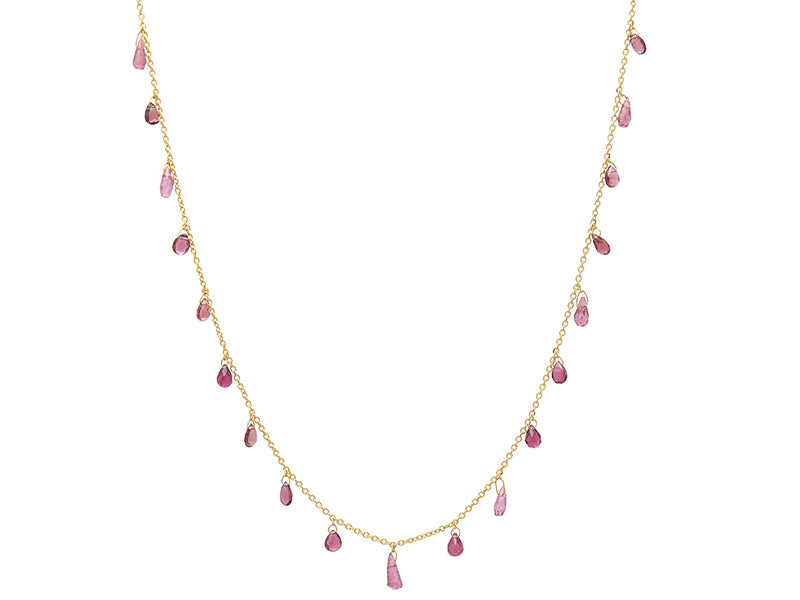 GURHAN, GURHAN Dew Gold Charm Short Necklace, Briolettes on Delicate Chain, with Tourmaline and Rhodolite