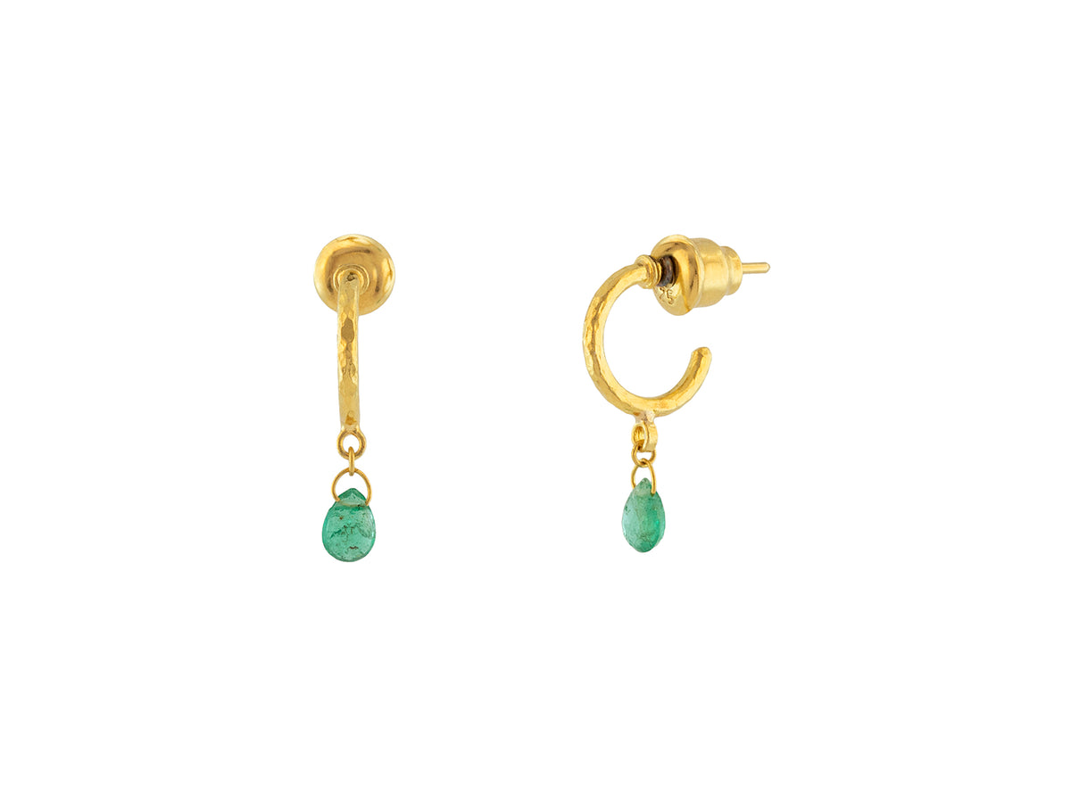 GURHAN, GURHAN Dew Gold Huggie Hoop Earrings, Thin Round on Post, with Emerald Briolette