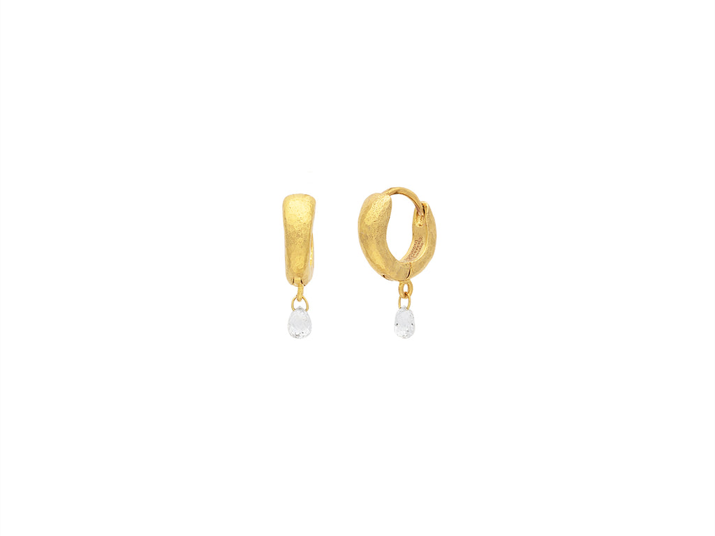 GURHAN, GURHAN Dew Gold Huggie Hoop Earrings, Tapered Round, with Diamond Briolette