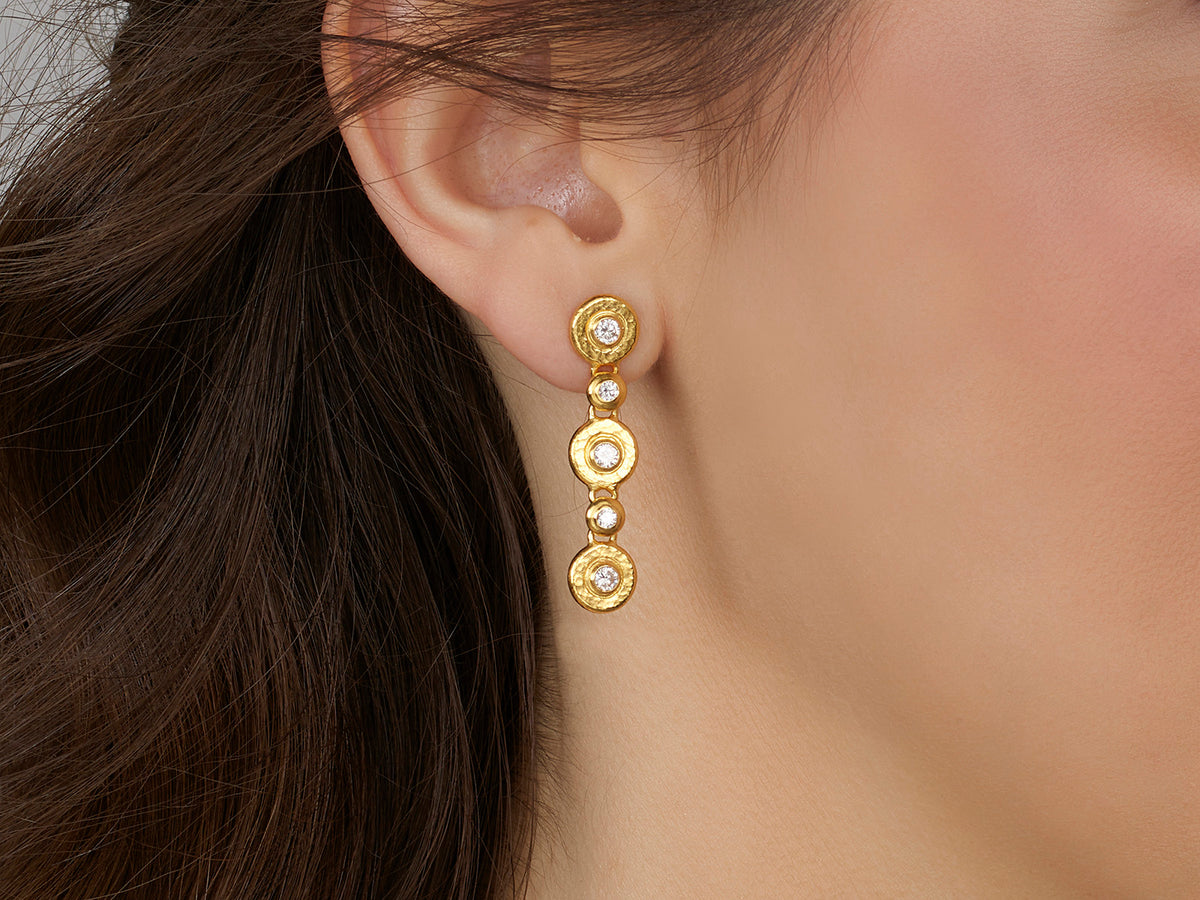 GURHAN, GURHAN Droplet Gold Double Drop Earrings, 5 Round Elements on Post, Diamond