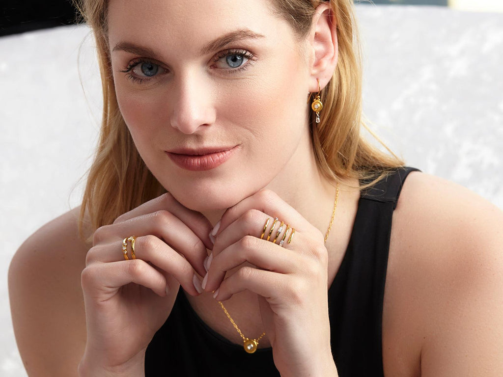 GURHAN, GURHAN Droplet Gold Double Drop Earrings, 8mm Wide, Wire Hook, with Diamond