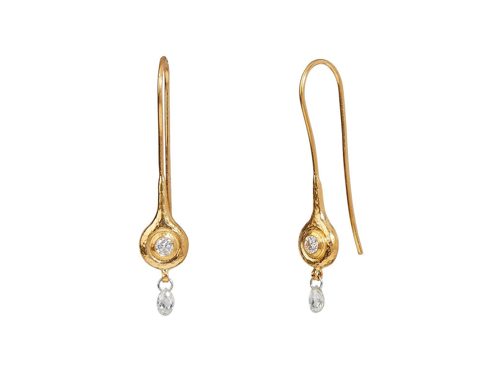 GURHAN, GURHAN Droplet Gold Single Drop Earrings, 7.5mm Wide, Wire Hook, with Facetted and Briolette Diamond