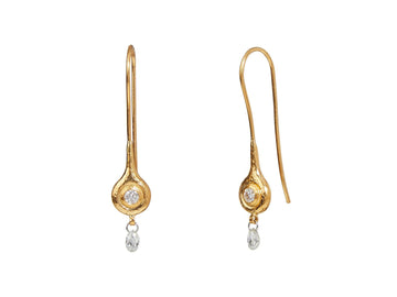GURHAN, GURHAN Droplet Gold Single Drop Earrings, 7.5mm Wide, Wire Hook, with Facetted and Briolette Diamond