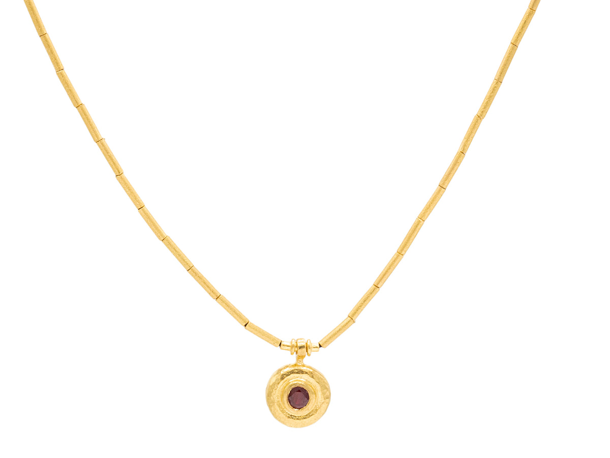 GURHAN, GURHAN Droplet Gold Pendant Necklace, 8mm Round, Gold Tube Beads, with Ruby
