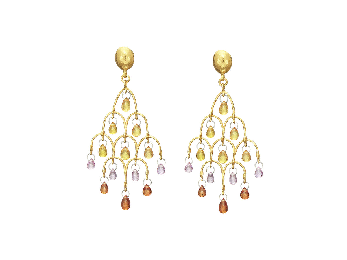 GURHAN, GURHAN Dew Gold Chandelier Earrings, Small Pink and Orange, with Sapphire