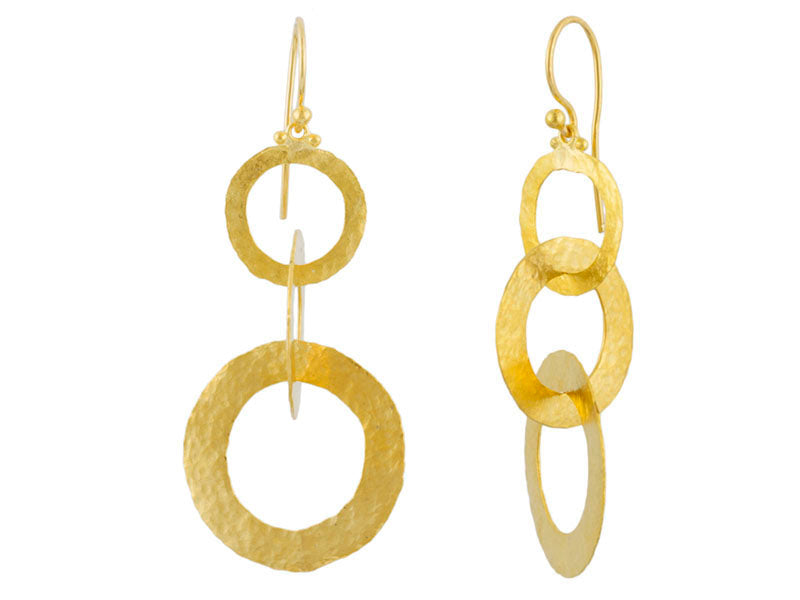 GURHAN, GURHAN Lush Gold Triple Drop Earrings, Interlocking Rings on Wire Hook, No Stone