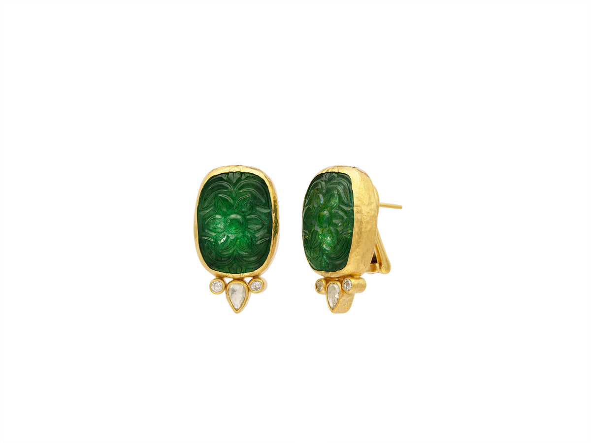 GURHAN, GURHAN Elements Gold Clip Post Stud Earrings, 20x15mm Carved Rectangle, Emerald and Diamond