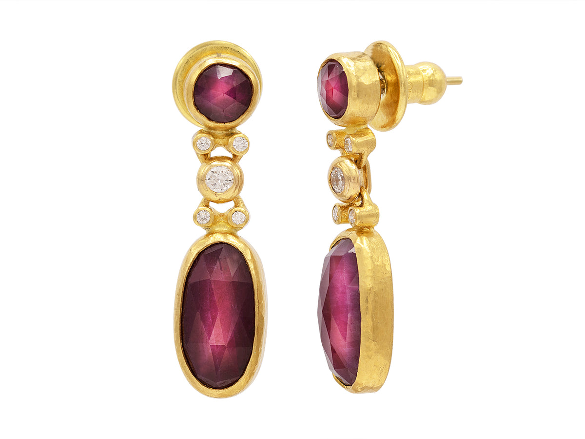 GURHAN, GURHAN Elements Gold Double Drop Earrings, 16x9mm Oval, Post Top, with Ruby and Diamond