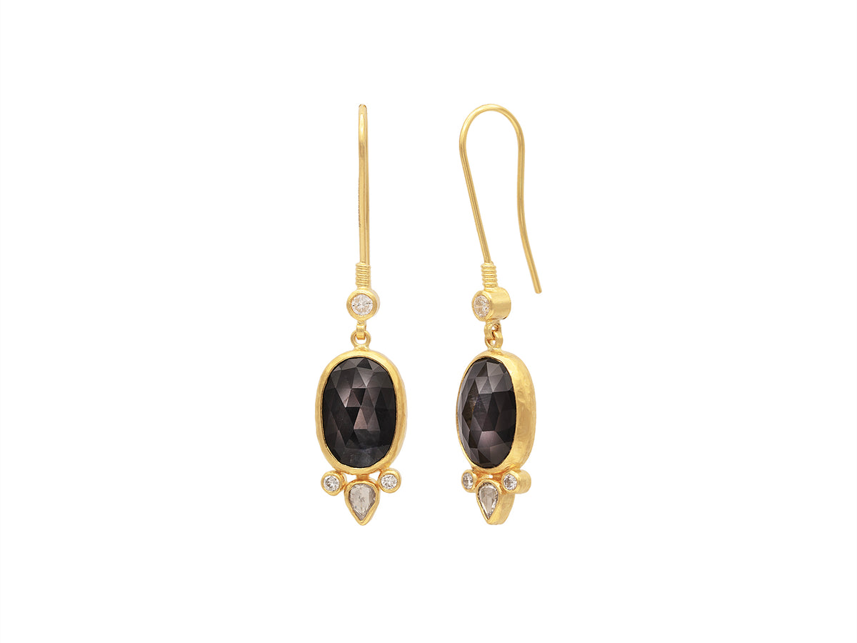 GURHAN, GURHAN Elements Gold Single Drop Earrings, 14x10mm Oval on Long Wire Hook, with Sapphire and Diamond