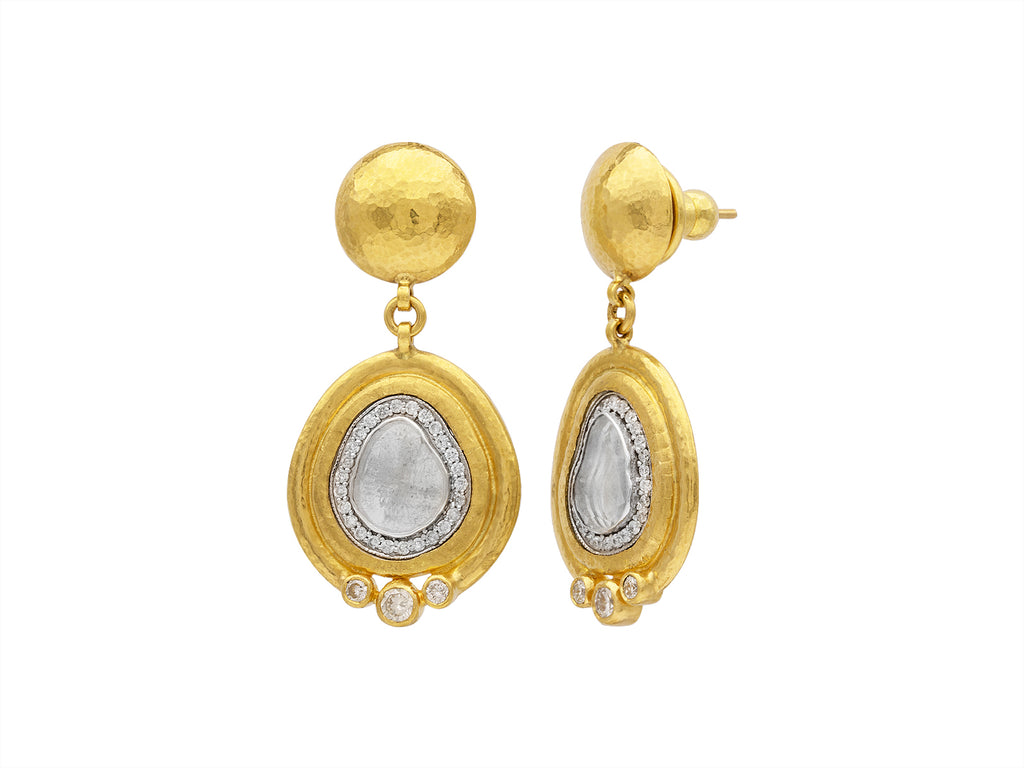 GURHAN, GURHAN Elements Gold Single Drop Earrings, 20mm, Wide Frame on Round Post Top, with Diamond Slice and Pave