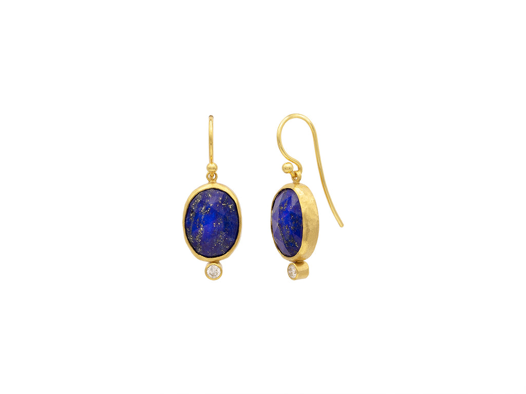 GURHAN, GURHAN Elements Gold Single Drop Earrings, 14x11mm Oval on Wire Hook, with Lapis and Diamond