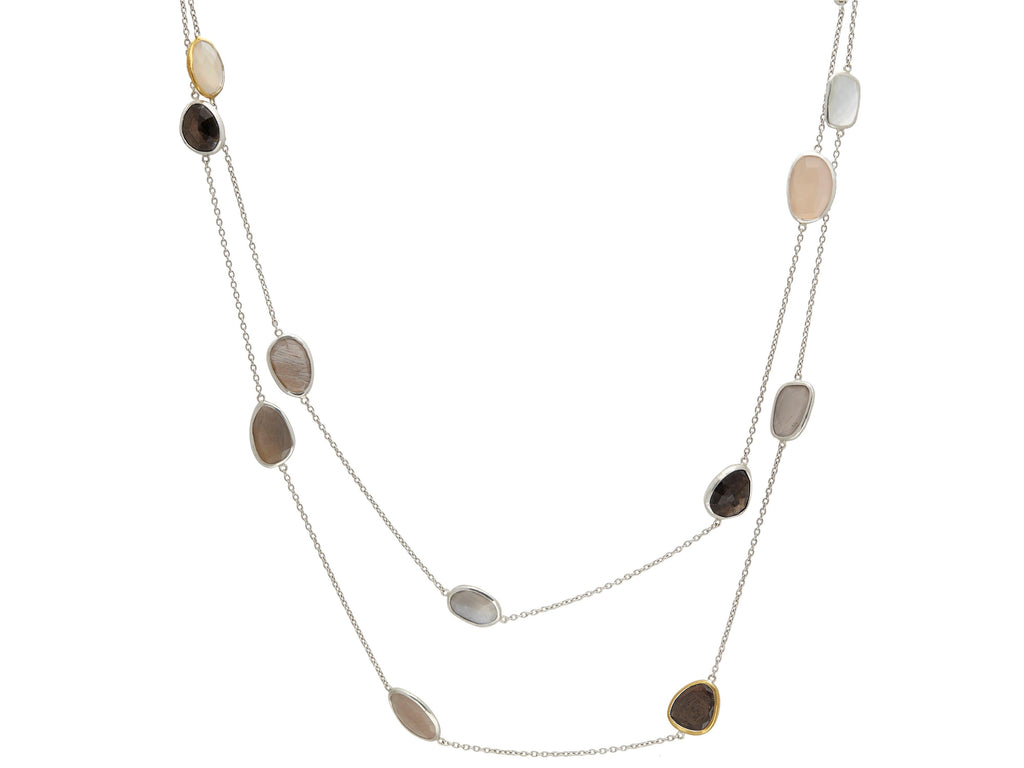GURHAN, GURHAN Elements Sterling Silver Multi-Stone Station Long Necklace, Amorphous Stones on Light Chain, Gold Accents