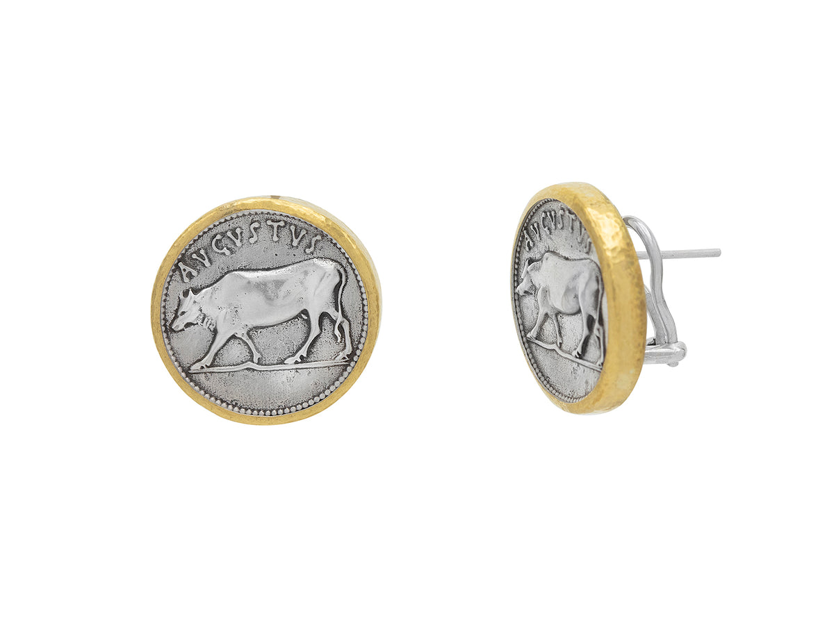 GURHAN, GURHAN Coin Sterling Silver Stud Earrings, Bull Emblem, with No Stone & Gold Accents