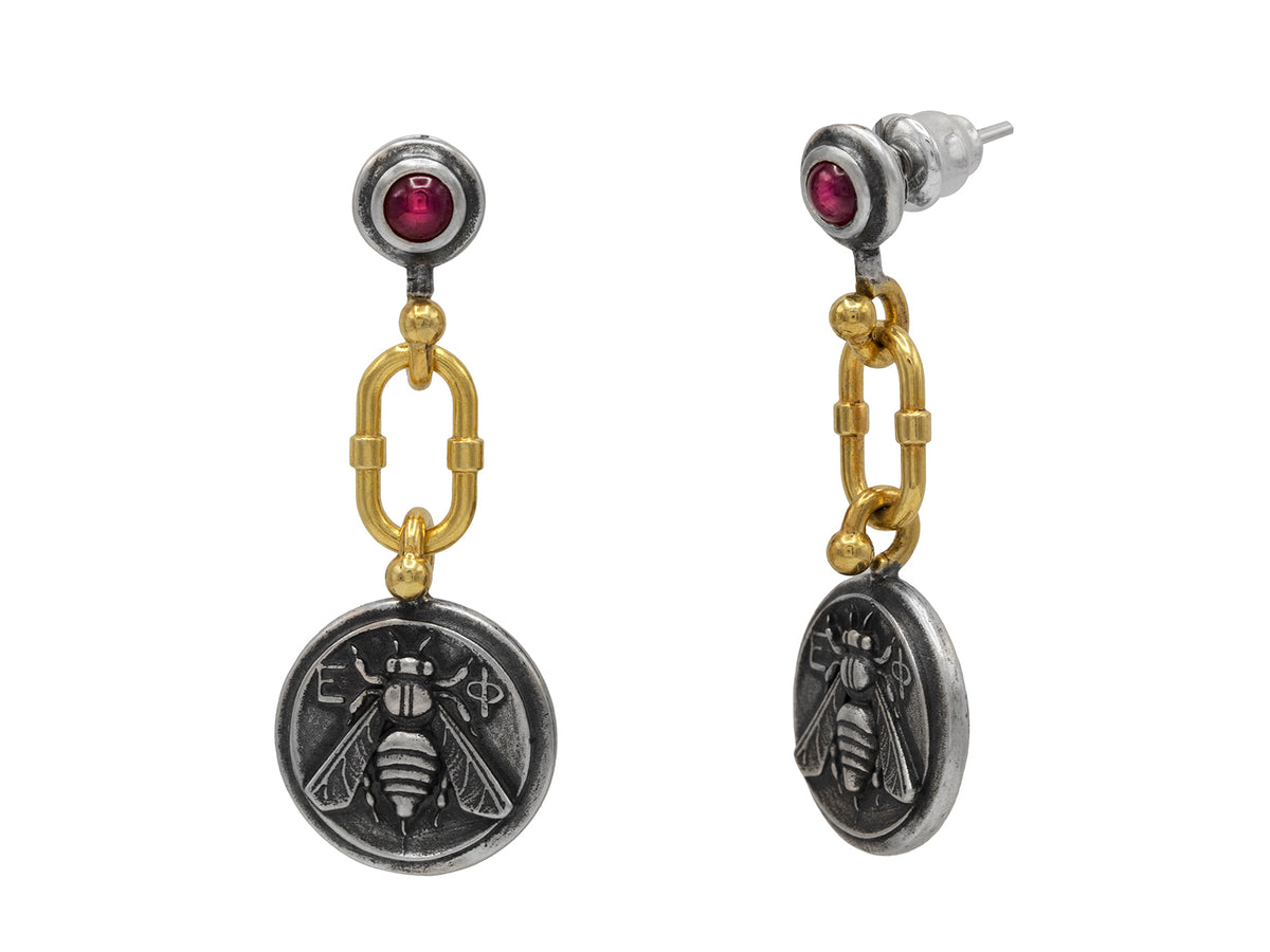 GURHAN, GURHAN Coin Sterling Silver Single Drop Earrings, Bee Emblem, with Ruby & Gold Accents